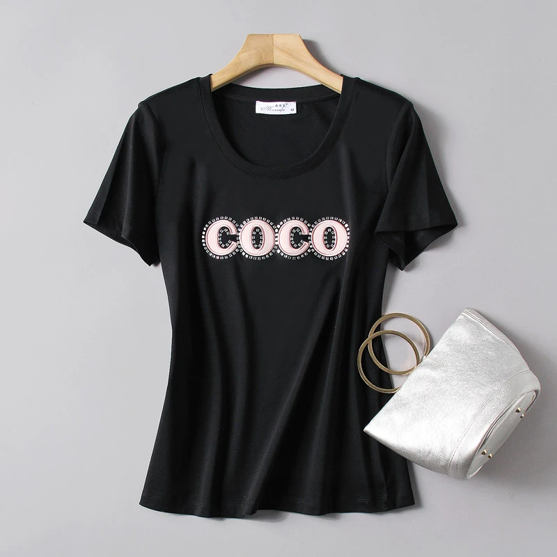 丝光棉大圆领短袖t恤修身显瘦半袖小衫贴布绣纯棉上衣欧货2025夏