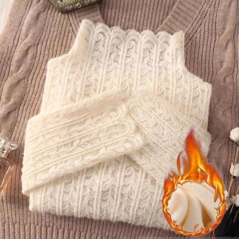 半高领加厚磨毛蕾丝打底衫女加绒秋冬新款洋气内搭小衫网纱上衣女