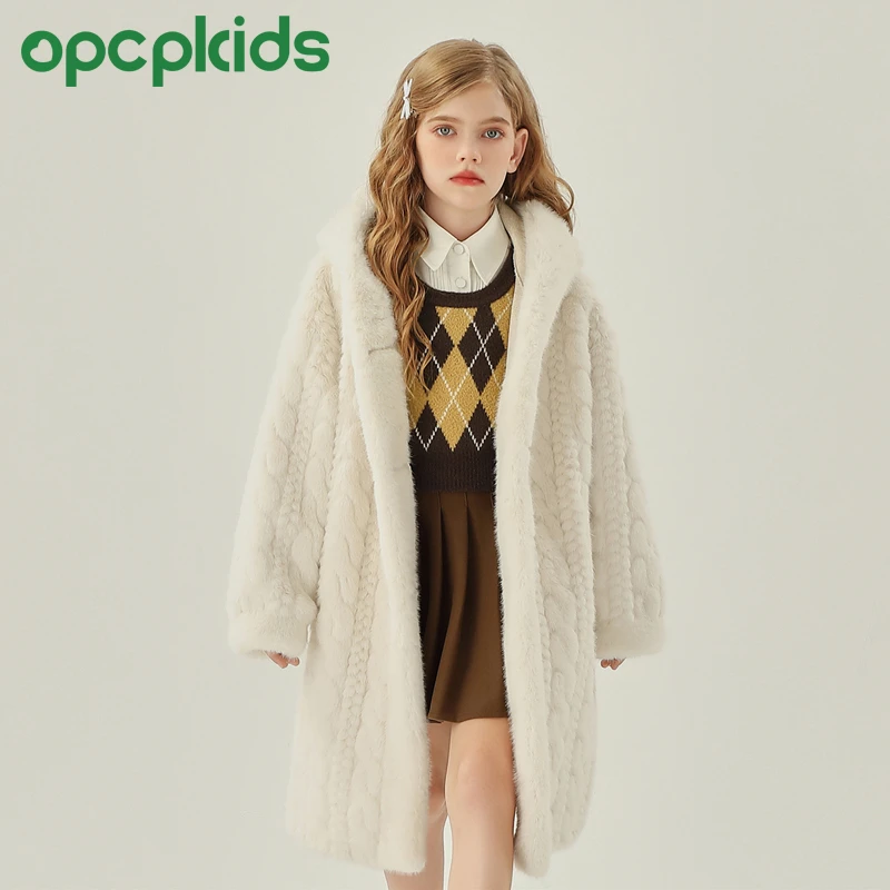 OPCP儿童仿水貂外套秋冬新款女童中长款麻花小女孩毛毛大衣9021