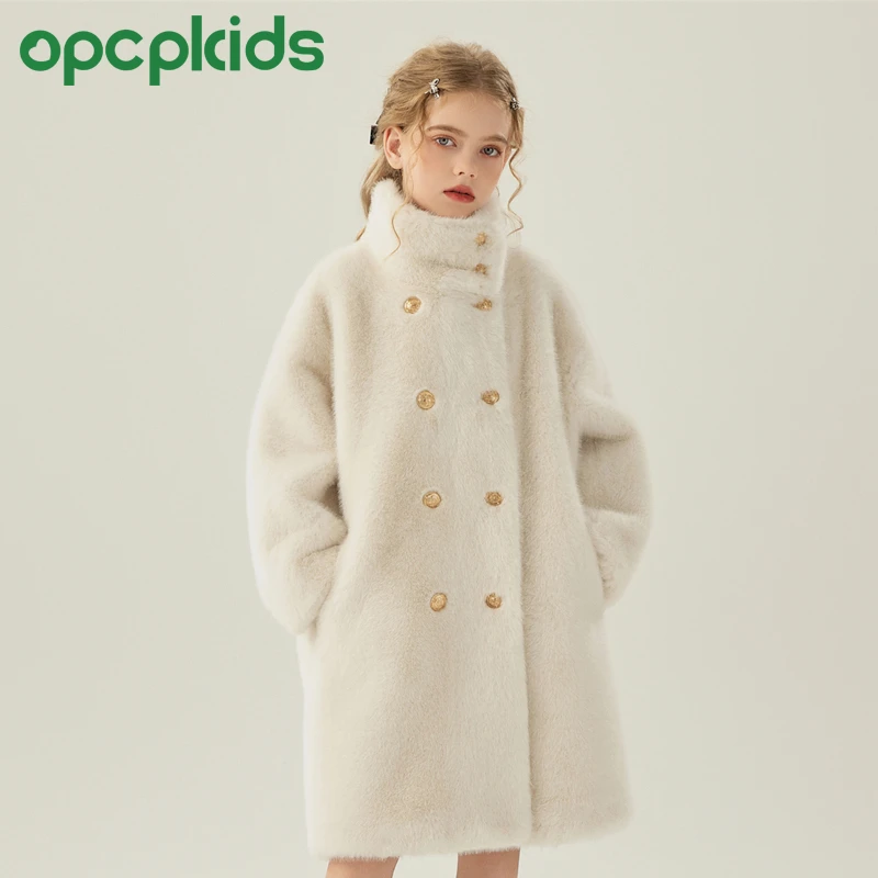 OPCP儿童仿水貂外套秋冬新款女童保暖大衣毛毛大衣中长款OP3322