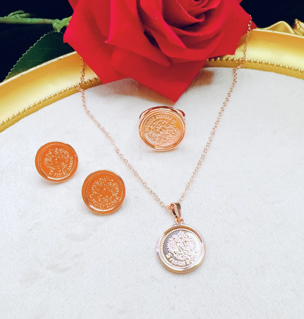 铜合金项链 parilar新款玫瑰金色复古风银币款三件套时尚704
