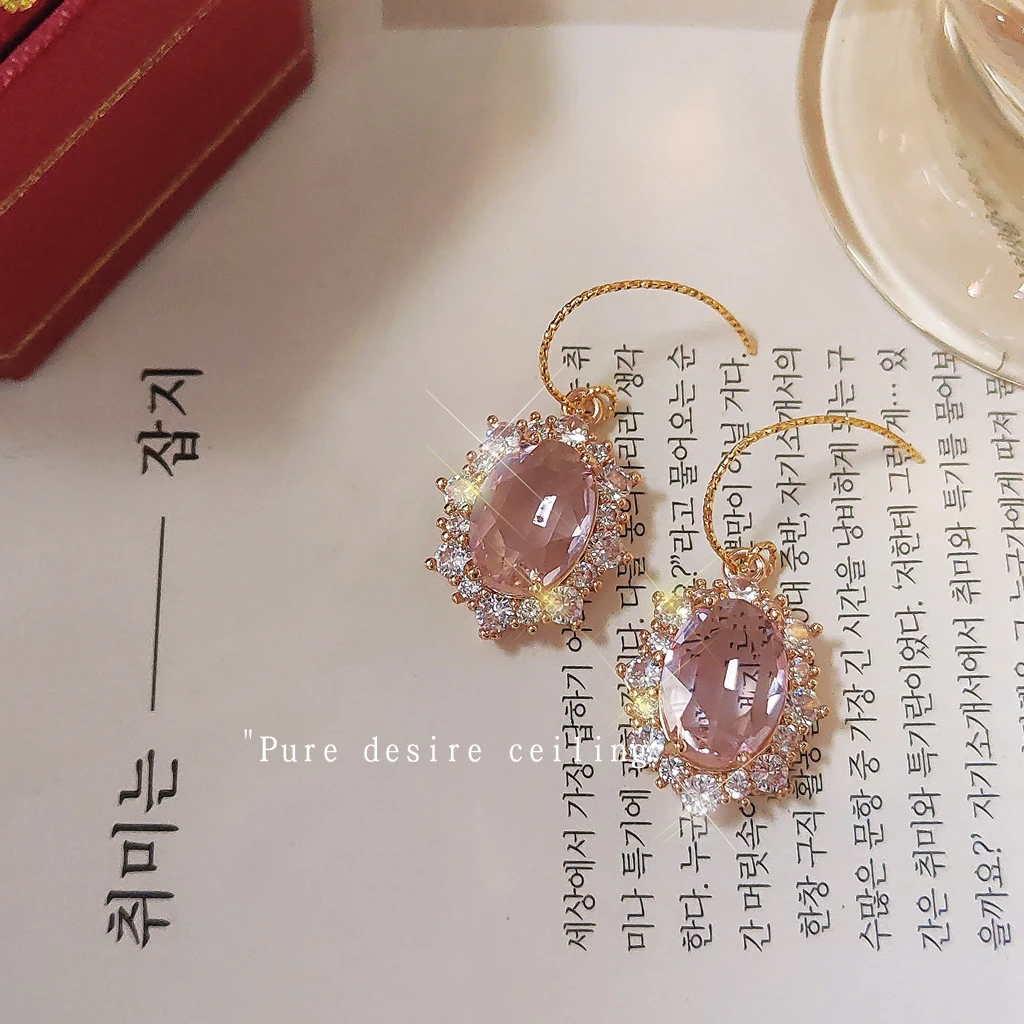 爆炸闪~微镶锆石法式轻奢很闪很亮耳环女 气质粉色宝石耳饰女工厂