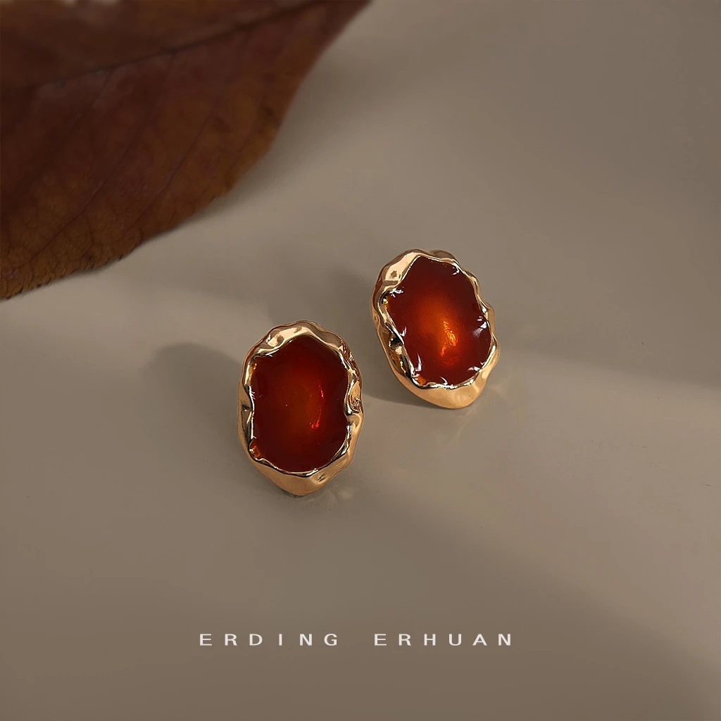 法式复古高级感几何椭圆琥珀色滴釉电镀14K银针耳钉气质中古耳饰