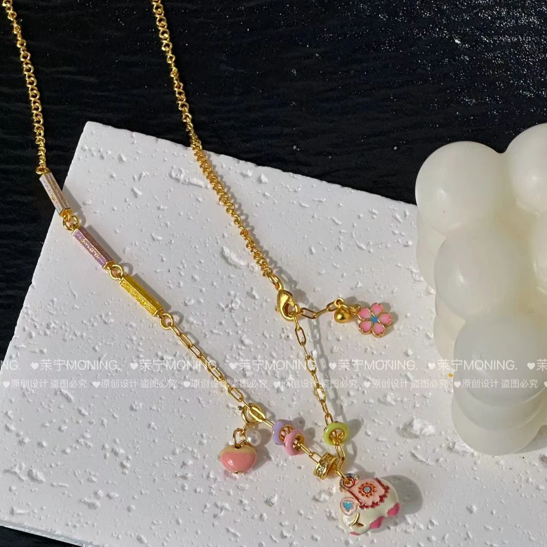 铜合金珐琅项链 【茉宁】粉色可爱小象项链 原创轻奢百搭女款锁骨链