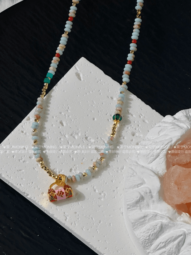 铜合金项链 【茉宁】烧蓝锁包项链  手工饰品小众配饰彩色时尚女款