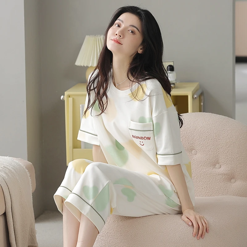 夏季新款睡衣女春秋七分裤薄款纯棉甜美可外穿休闲全棉家居服套装