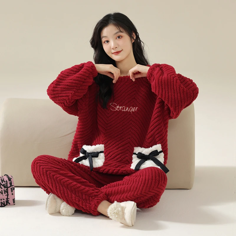 红色本命年长袖睡衣女冬季2024年新秋冬款加绒加厚家居服法兰绒
