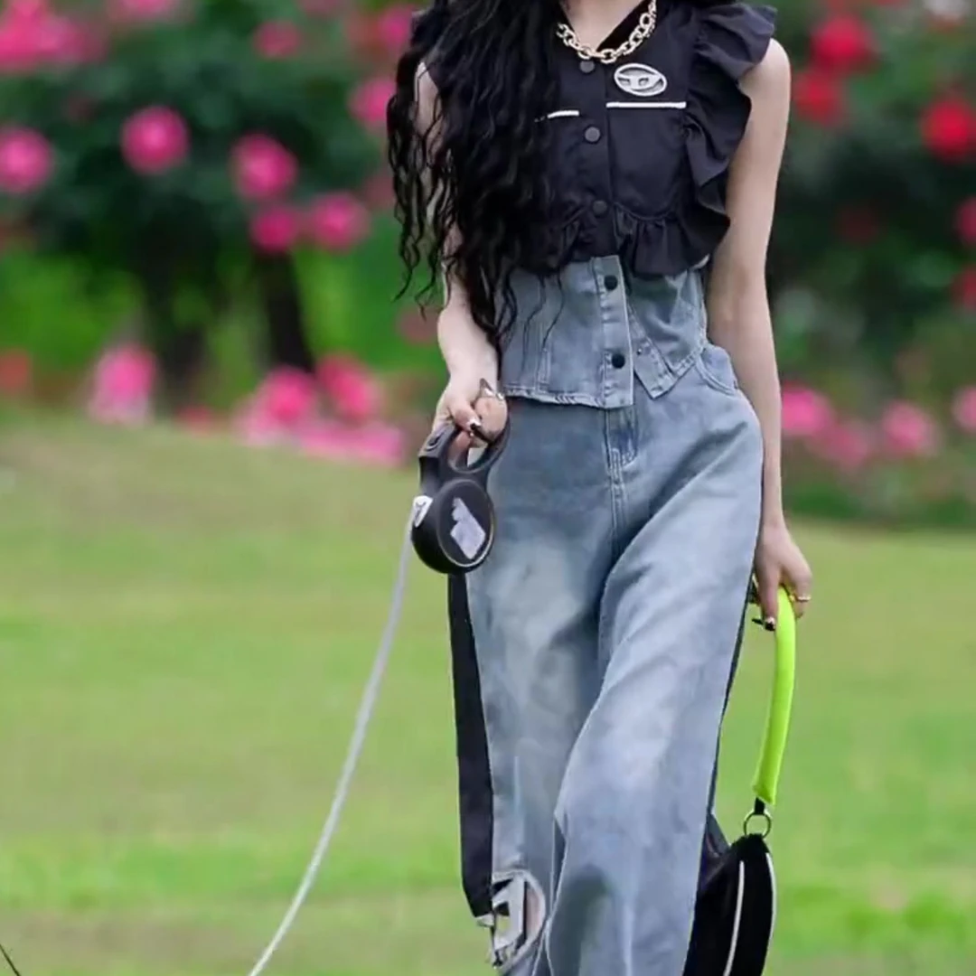 夏季又a又飒小香风牛仔拼接上衣半身裙两件套港风高级感炸街套装