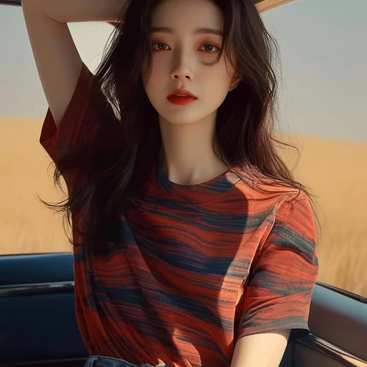 洋气独特超好看别致绝美漂亮小上衣正肩短袖红色迷彩t恤女夏季