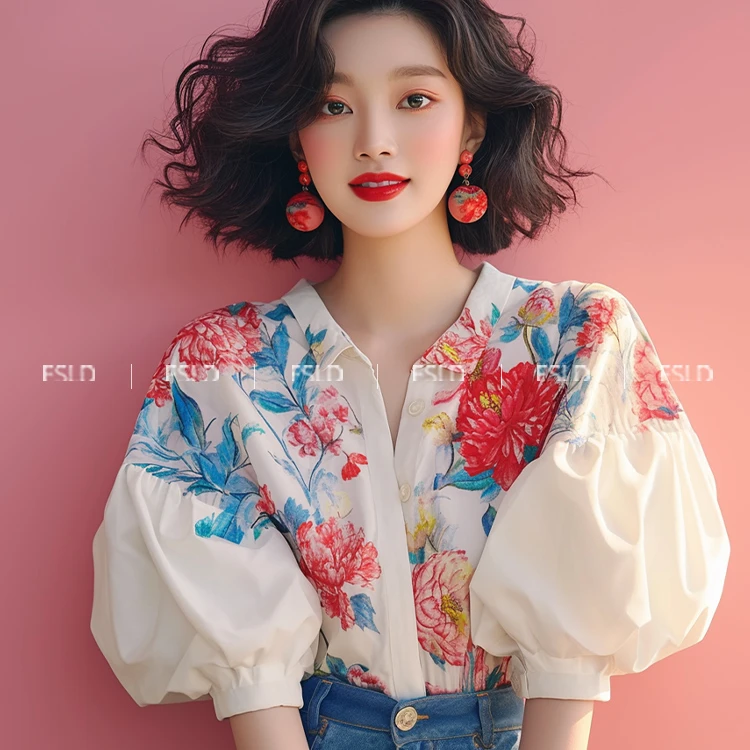 独特漂亮小衫淑女气质法式小上衣泡泡袖碎花衬衫2025新款女装夏季