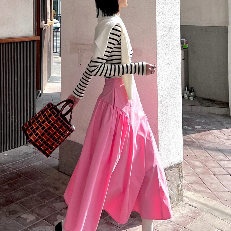 秋季小个子法式遮肚子百褶半身裙女装2023新款高腰显瘦粉色a字裙