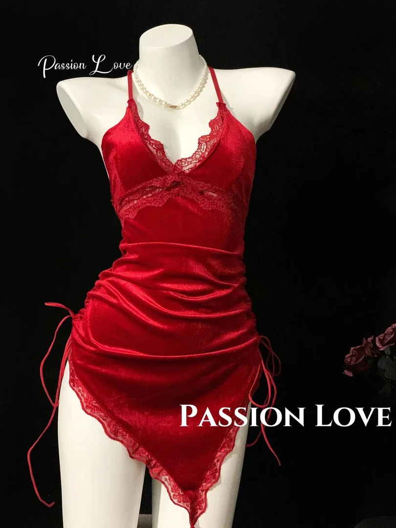 passionlove有大码 贵妇红丝绒裙高贵冷艳红色时尚气质轻奢有胸垫