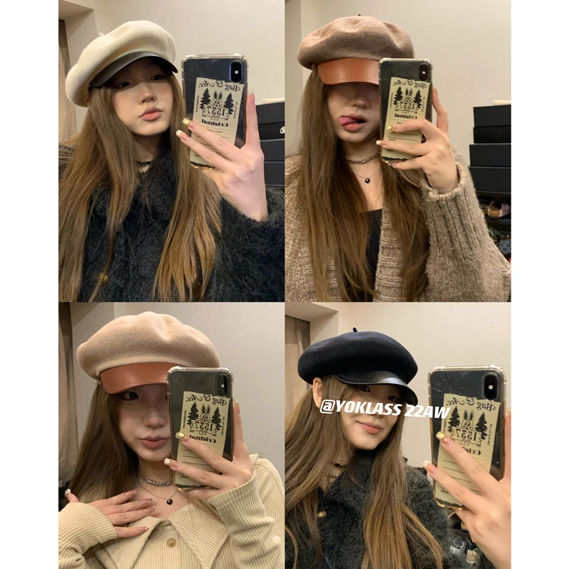 毛呢鸭舌贝雷帽女冬季网红百搭皮帽檐毛绒八角复古英伦保暖画家帽