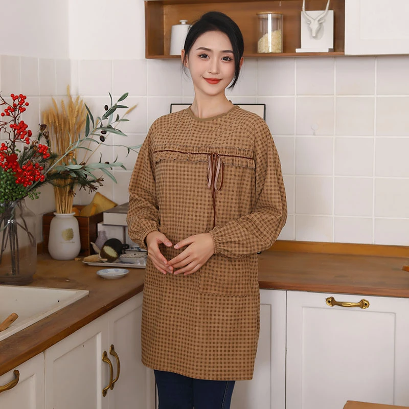 新款法式秋冬加厚灯芯绒长袖罩衣围裙家用厨房做饭防污时尚工作服