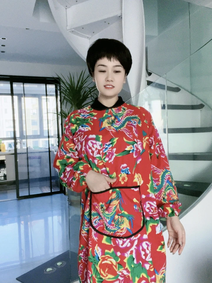 东北大花棉布长袖围裙民族风反穿家务罩衣舒适透气餐饮工作服