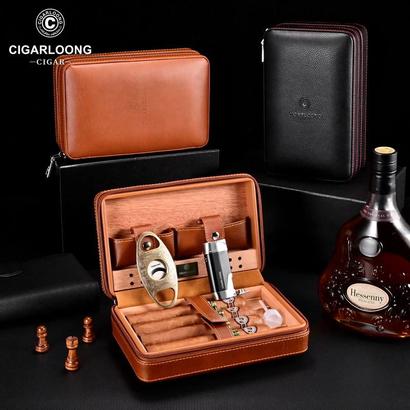 CIGARLOONG茄龙保湿雪茄盒便携式雪松木牛皮雪茄剪打火机烟具套装