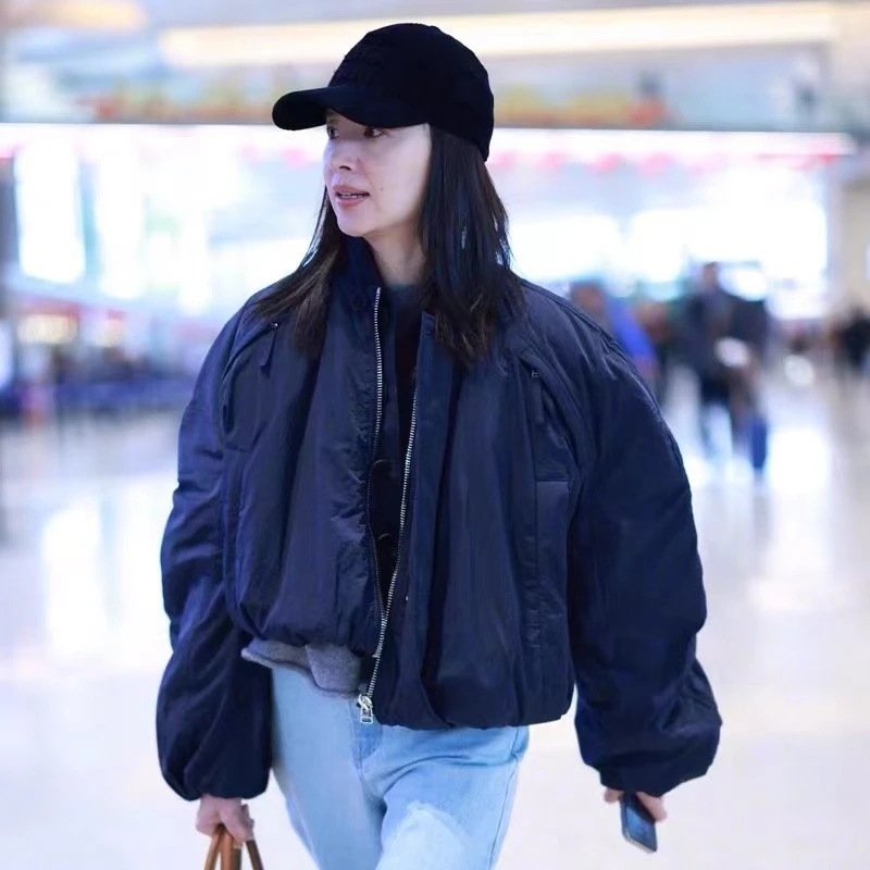 董洁savi同款衣服大廓形软壳短款藏青夹克外套原创设计立领棒球服
