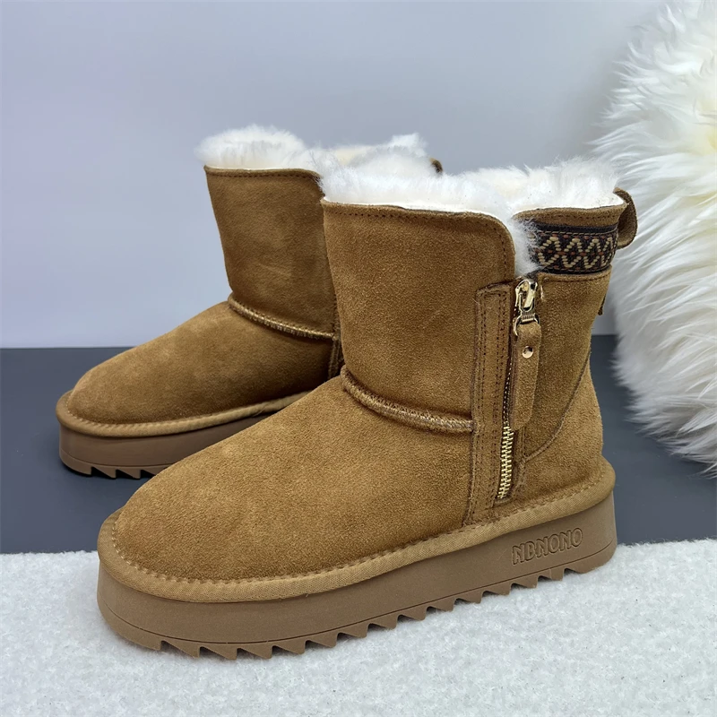 女鞋！中筒加厚全羊毛雪地靴女厚底防滑保暖靴子拉链民族风棉鞋