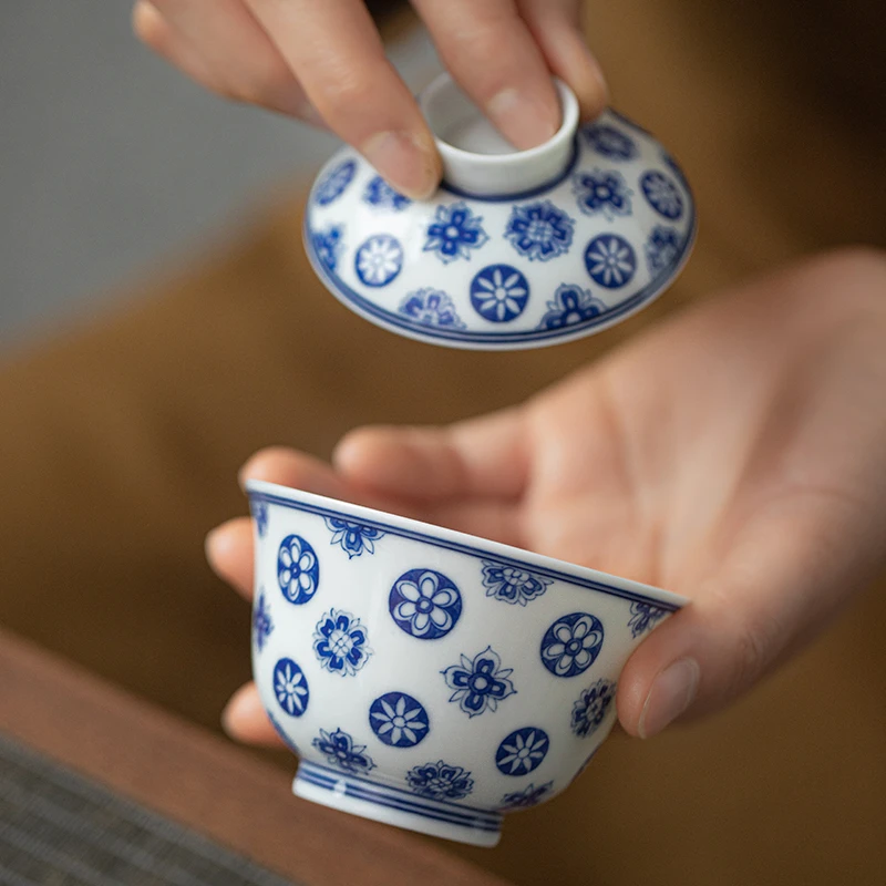 一思堂盖碗茶杯柴窑青花景德镇手绘皮球花单个高档三才碗壶承套组