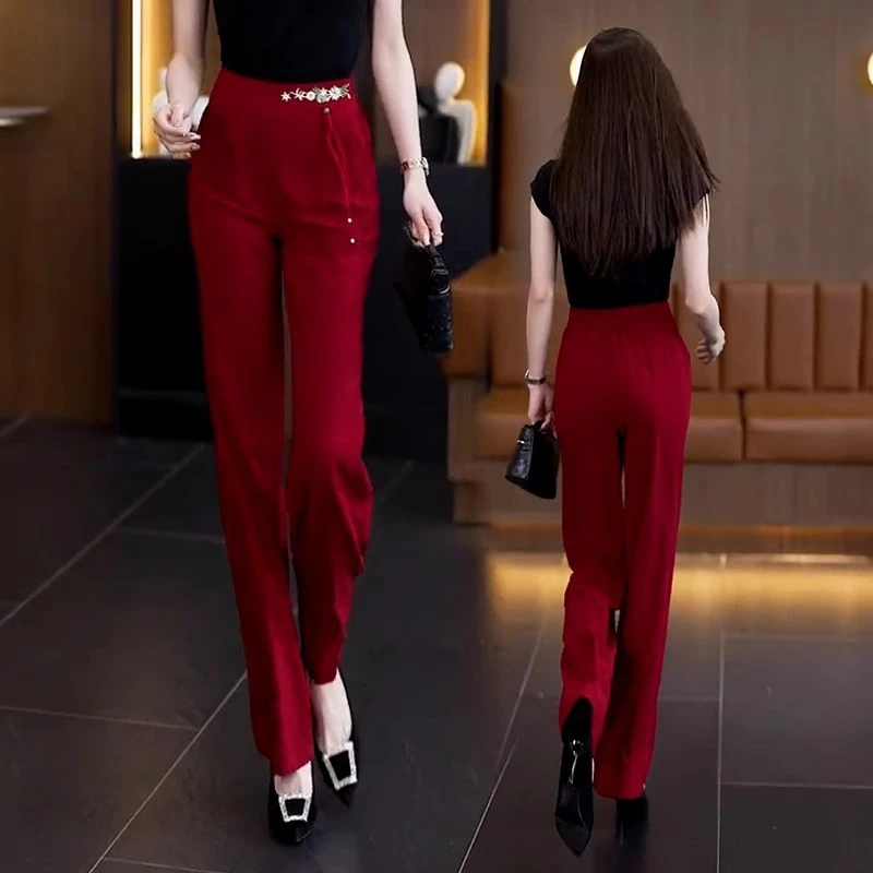 冰丝夏季薄款直筒裤女2025年新款国风刺绣窄版阔腿裤垂感西装裤子