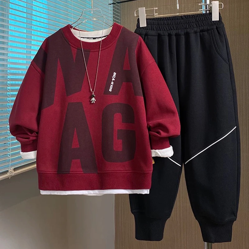 胖男童套装加肥加大春秋款长袖卫衣两件套中大童男孩宽松运动童装