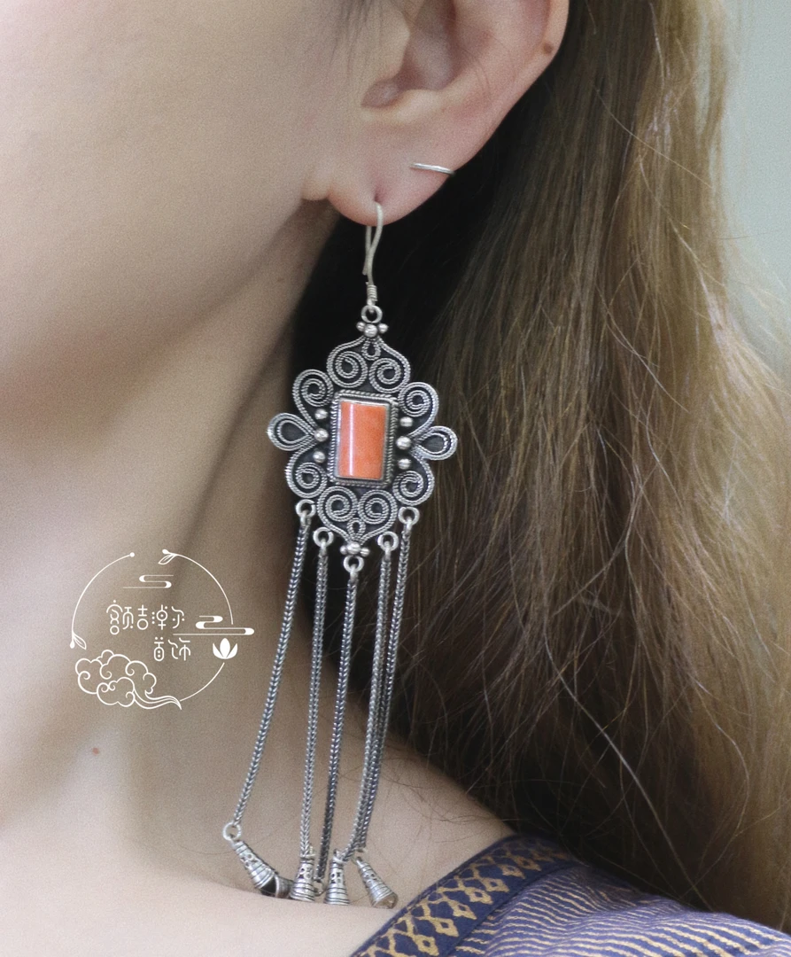 足银耳饰 旭日蒙古元素手工纯银长款耳环耳饰 2460