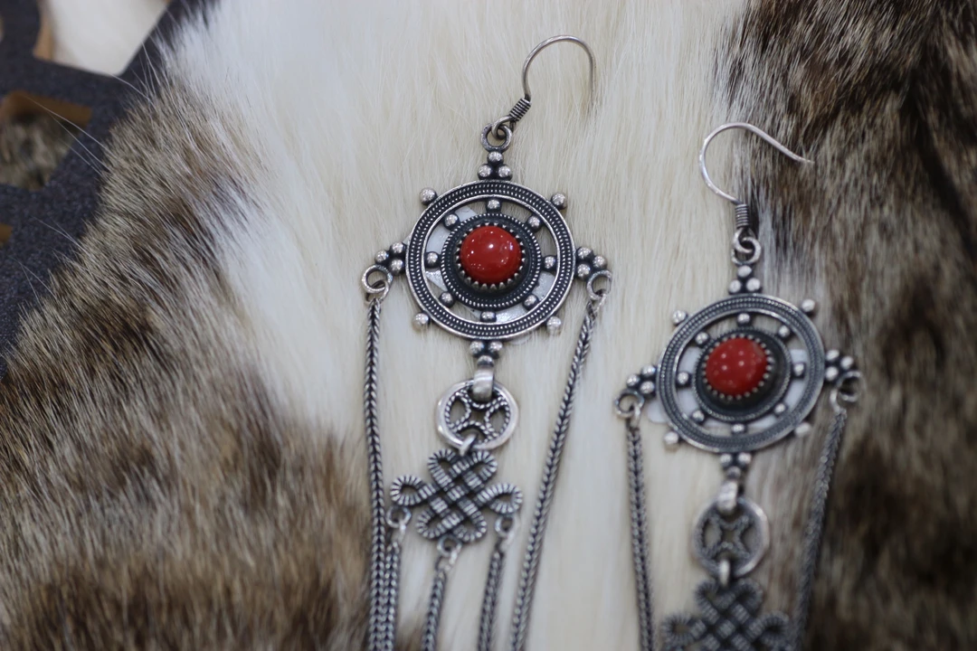 足银耳饰 旭日蒙古元素特色足银长款耳环640