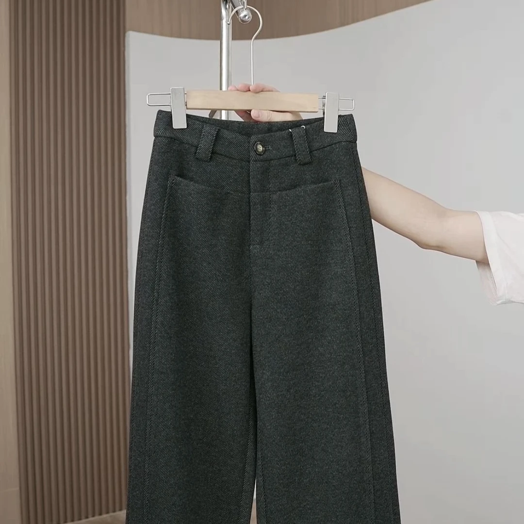 棉羊毛桑蚕丝混纺中高腰直筒窄版阔腿裤10201
