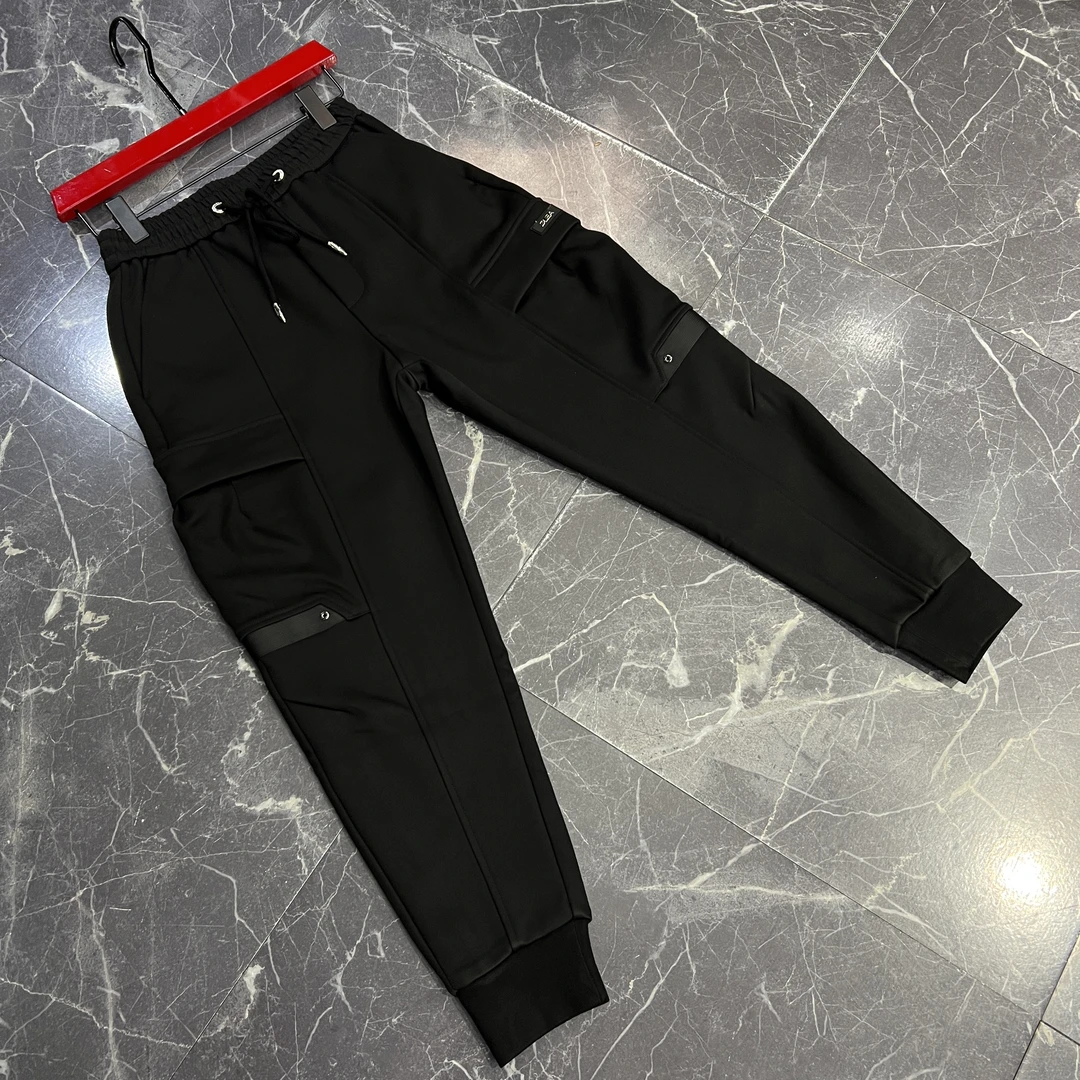 欧货秋冬男士百搭刺绣休闲时尚潮流运动系带黑色束脚休闲裤7588