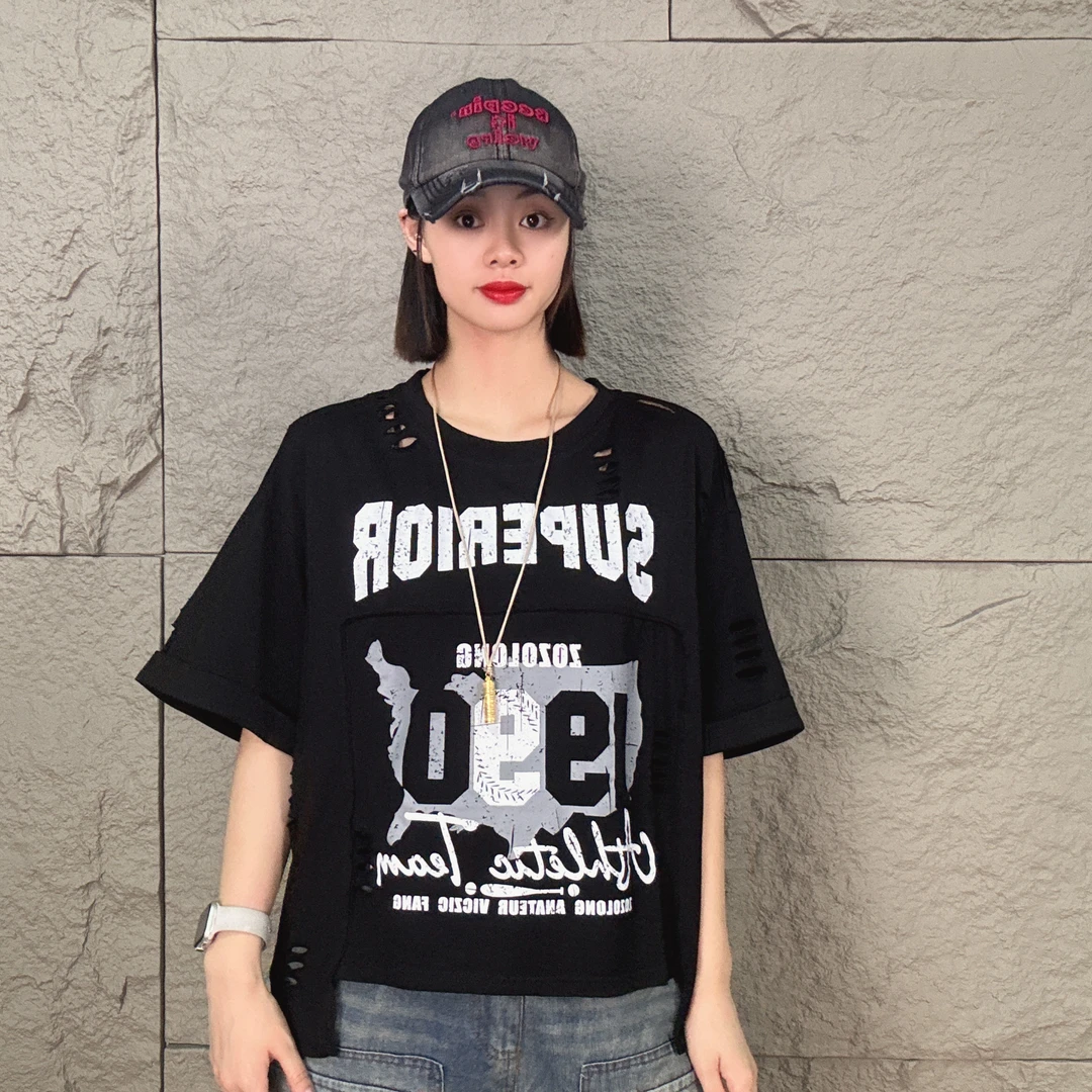 6062-1夏季新款时尚百搭气质潮流破洞印花字母小汽车不规则半袖