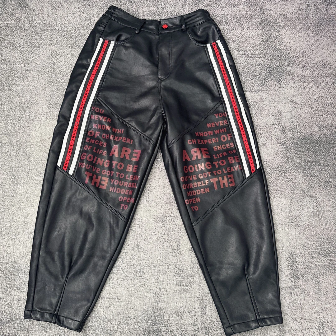 55537欧货冬季新款时尚百搭气质潮流印花字母蛋白皮加绒哈伦皮裤