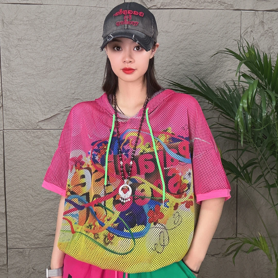 030-3夏季新款时尚百搭连帽宽松字母印花扎染个性网眼套头半袖