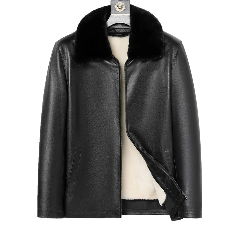 皮衣男头层牛皮羊皮皮毛一体皮衣中老年秋季大衣皮夹克外套