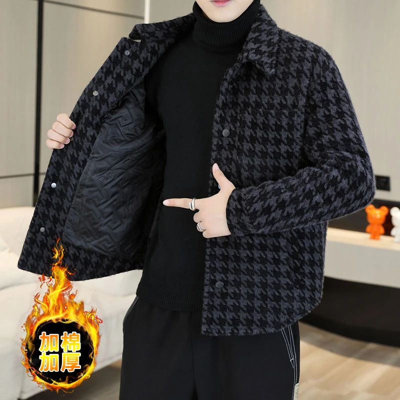 男士高档外套秋冬季千鸟格呢子韩版休闲时尚外衣男装潮流毛呢夹克
