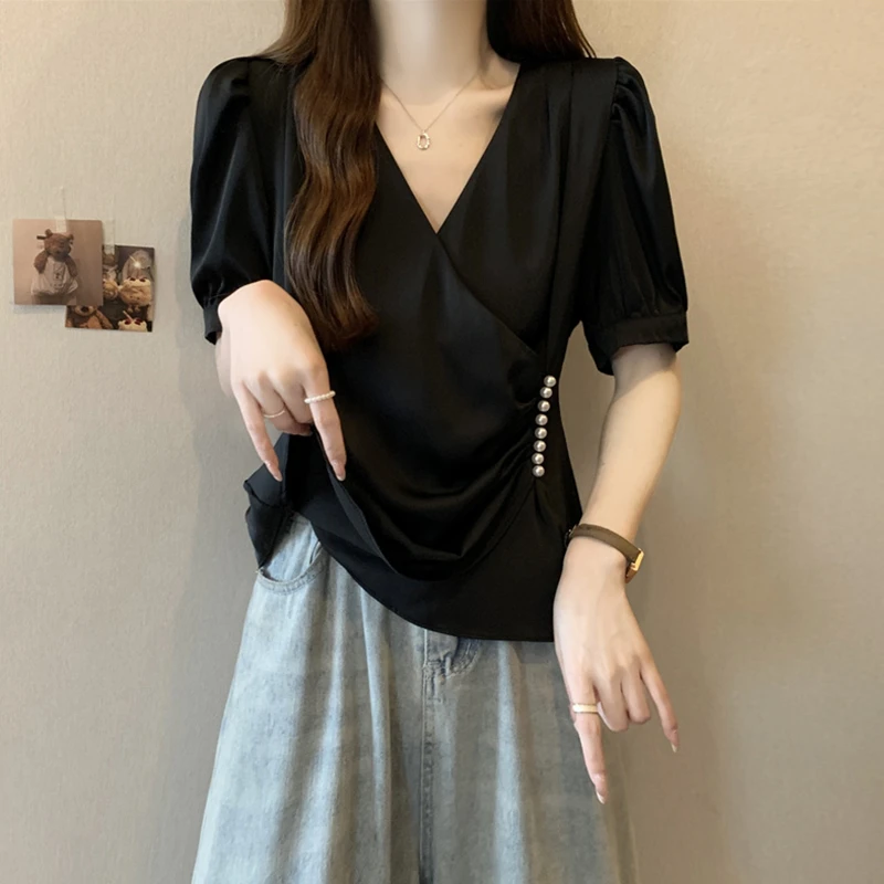 大码女装遮肚子小香风V领衬衫女夏季胖妹妹收腰显瘦短款正肩上衣