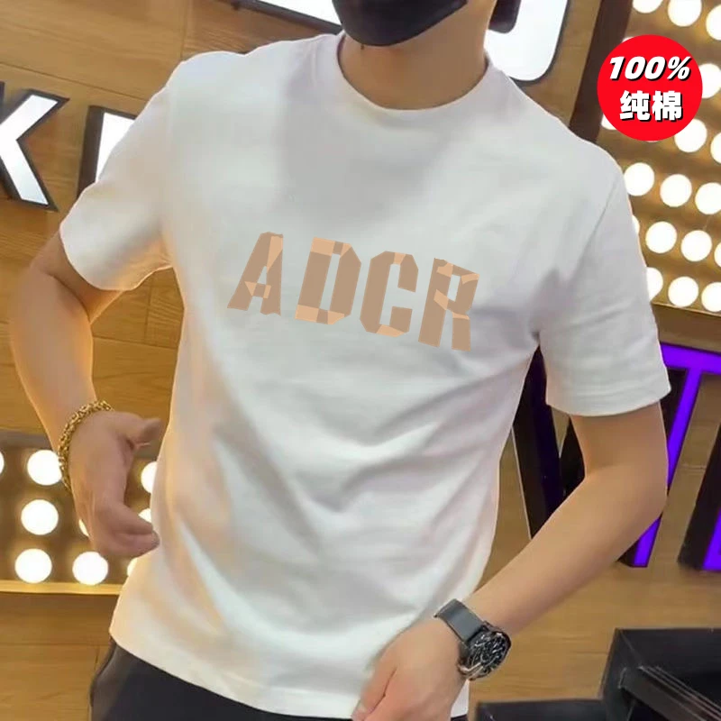新款纯棉短袖T恤男白色简约印花圆领体恤衫休闲百搭半袖男装上衣