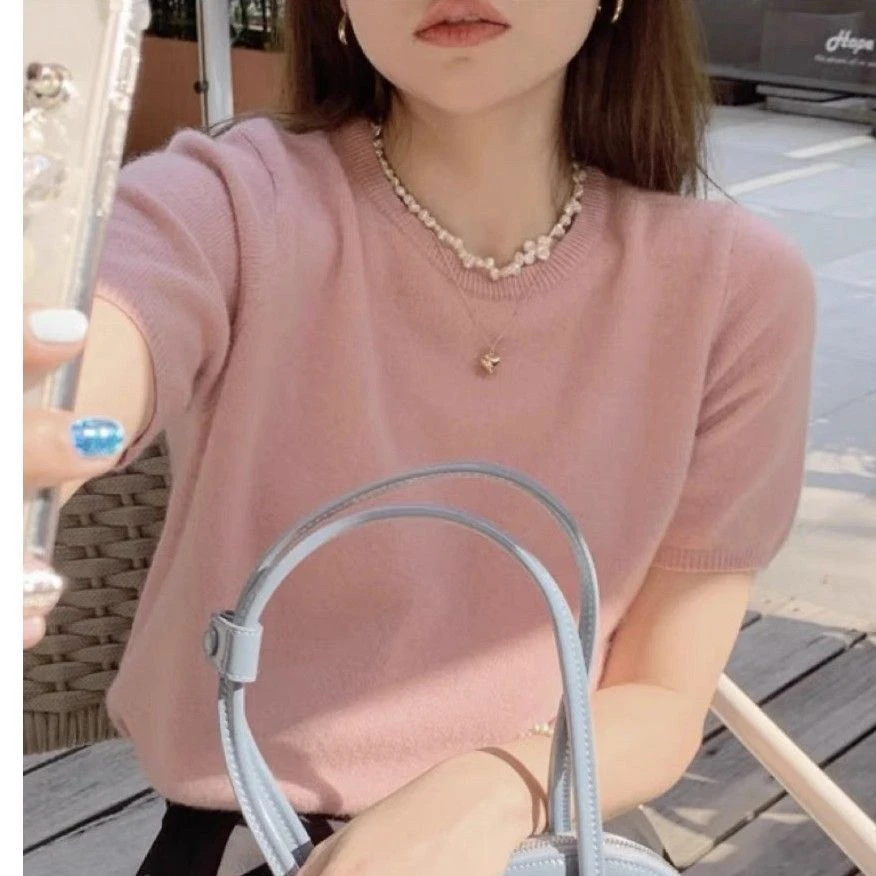 甜美宽松韩版套头圆领毛衣针织衫春夏女短袖显瘦时尚百搭纯色上衣