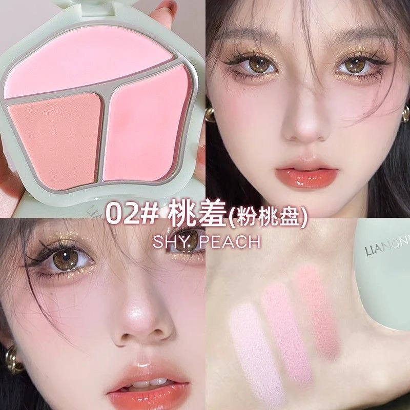 小鱼海樘推荐三色腮红盘膨胀收缩色哑光细腻高光修容一体盘便携