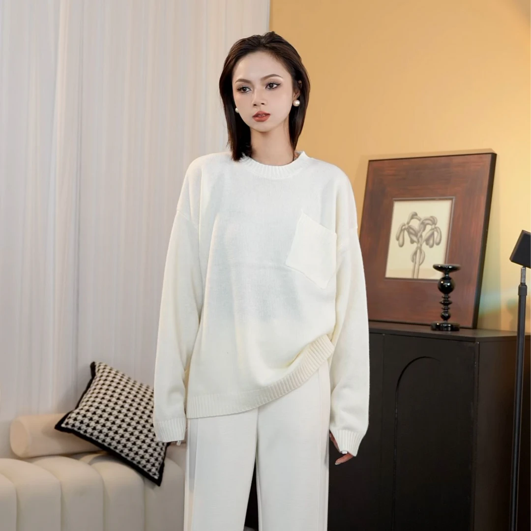 【斜口袋联名款】秋冬新款100%绵羊毛宽松圆领休闲百搭套头羊毛衫