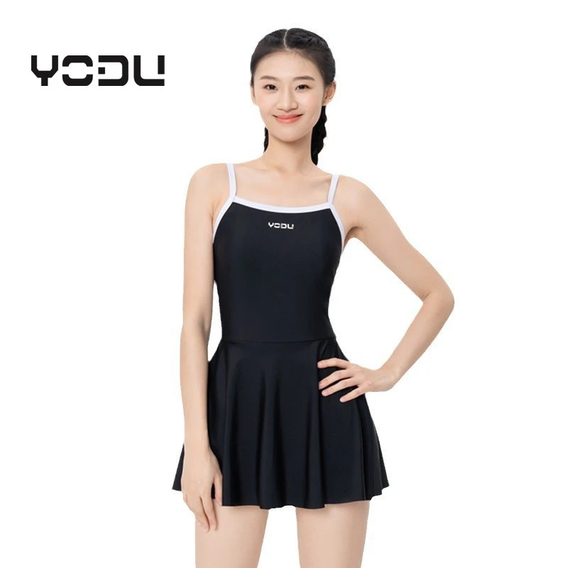 YODU夏季时尚吊带裙式黑色温泉泳衣保守遮肉泳衣连体泳衣温泉款女