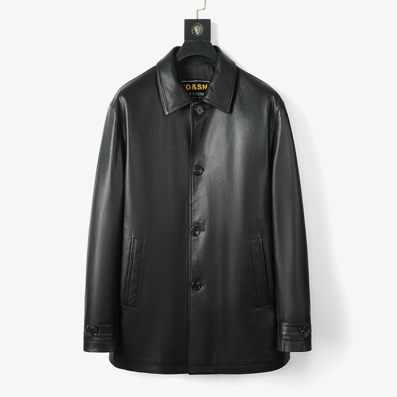加肥加大码男士真牛皮衣春秋休闲商务翻领中长款经典百搭黑色外套