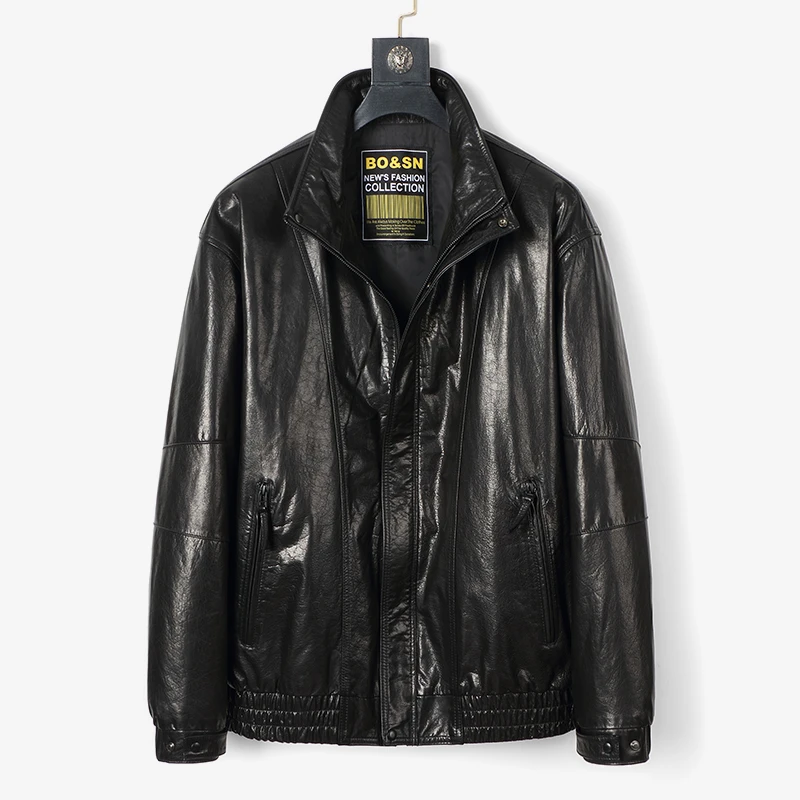 春秋大码男士头层牛皮皮衣休闲百搭立领时尚韩版真皮夹克短款外套