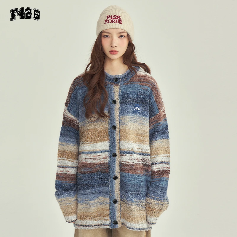 F426国潮牌秋季情侣油画风复古针织毛衣美拉德秋款开衫外套4950