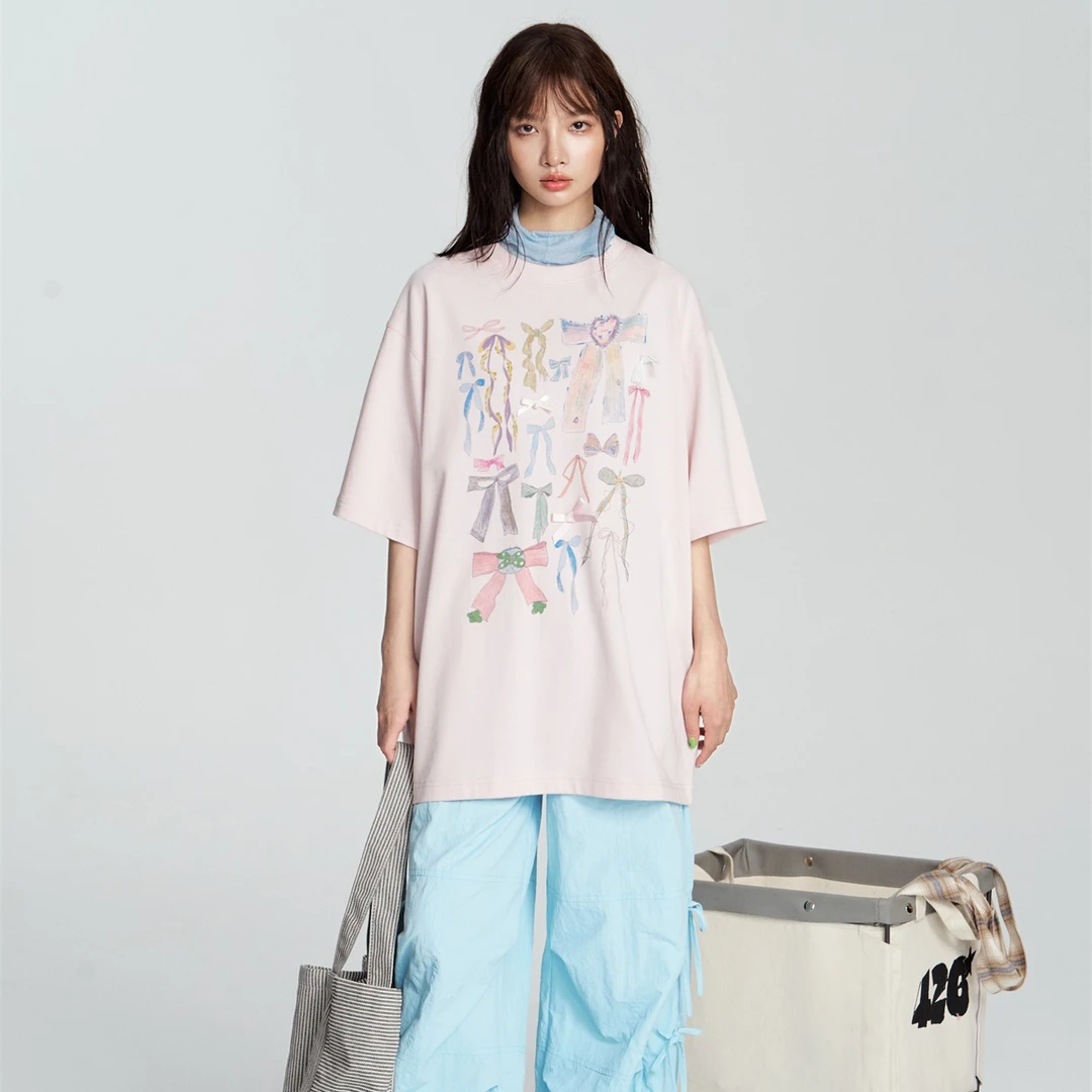 【七七子专属】F426蝴蝶结涂鸦短袖T恤夏季薄荷曼波国潮潮流5760