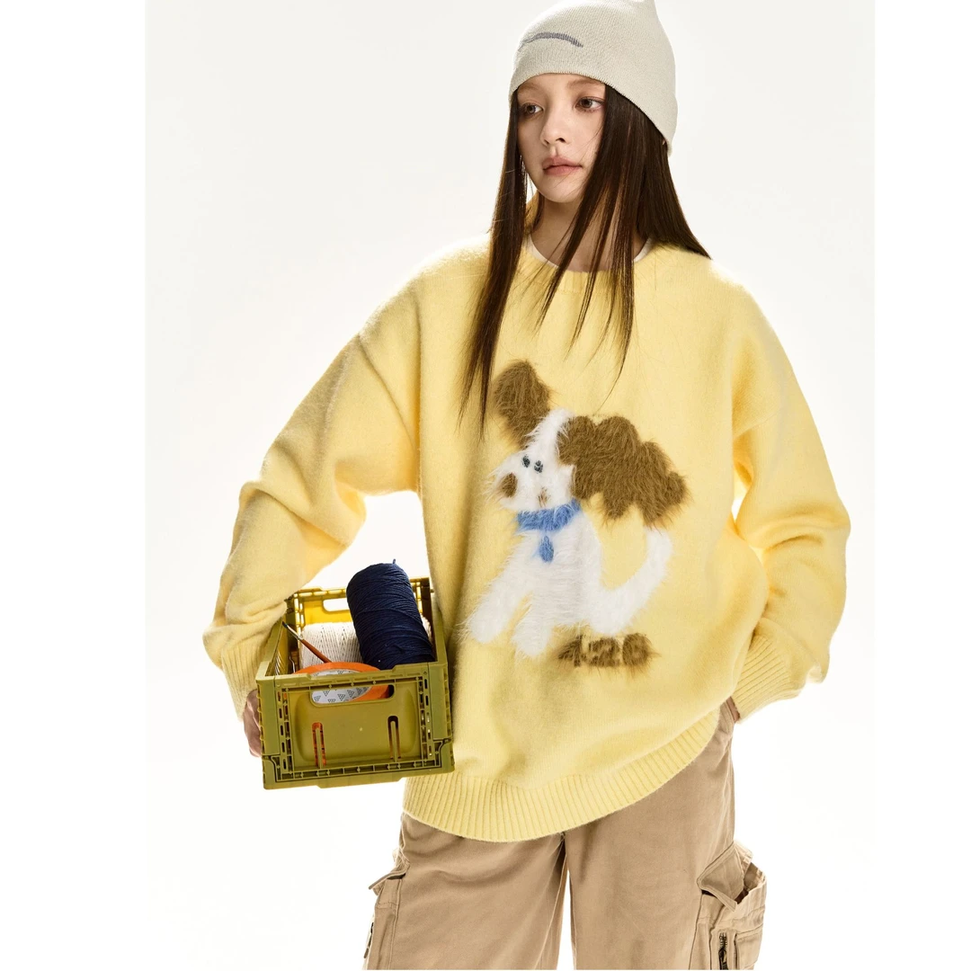 F426国潮牌情侣毛绒小狗提花毛衣宽松秋冬季圆领毛衣6382XH