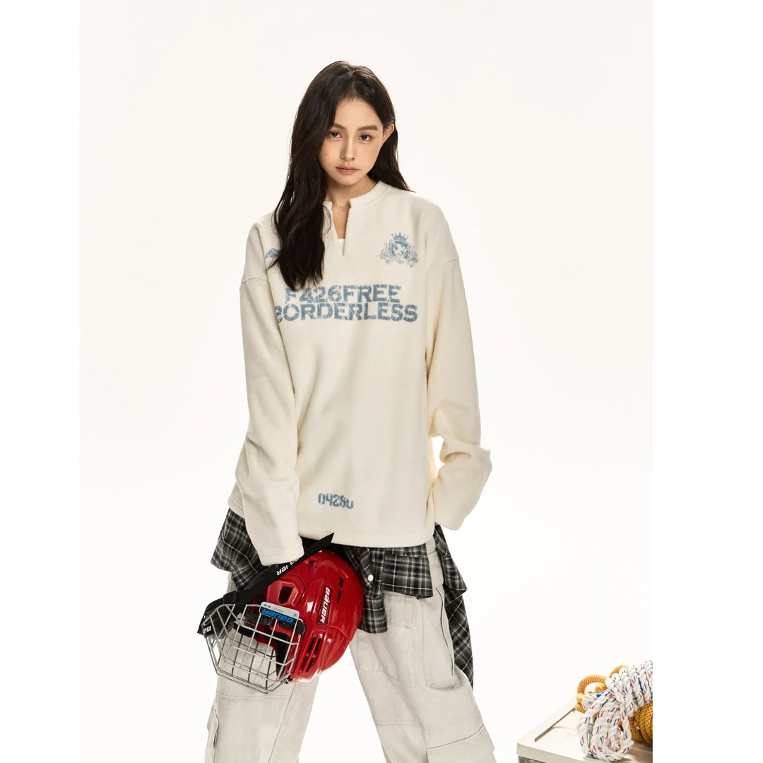 F426国潮情侣摇粒绒球衣印花卫衣休闲圆领秋冬6407