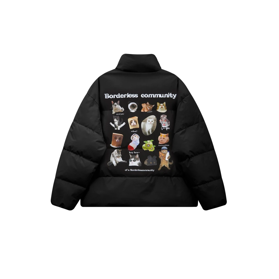 F426国潮情侣嘻哈男女穿搭猫猫加油棉服