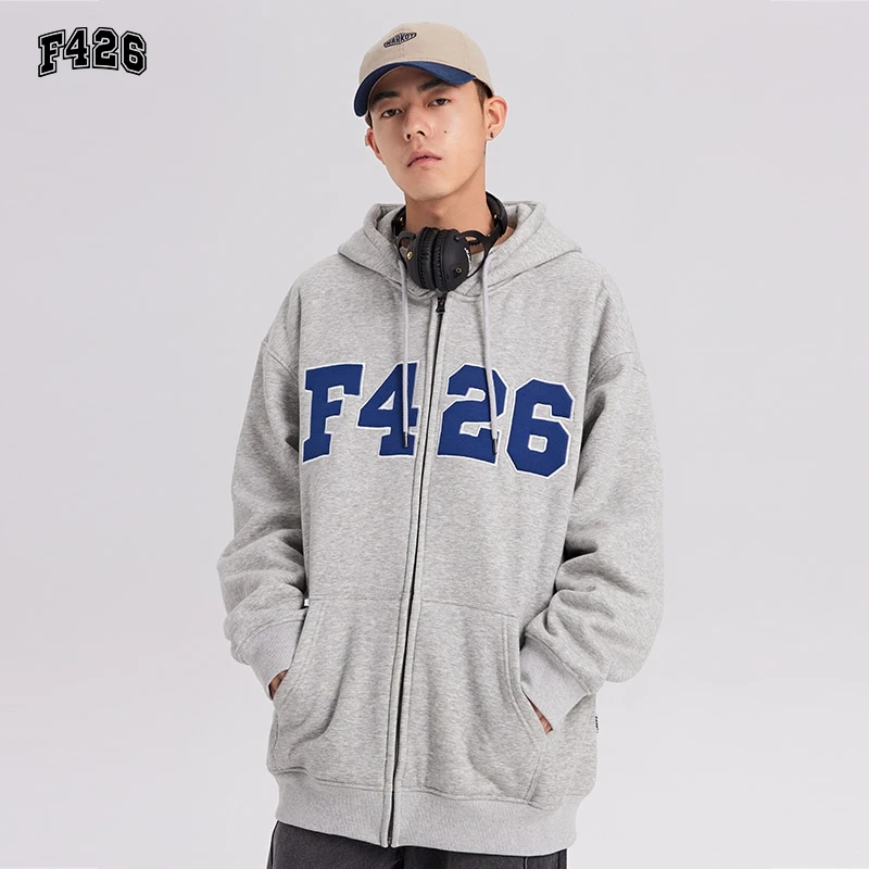 F426大LOGO贴布绣开衫卫衣国潮情侣百搭宽松连帽外套春秋潮流穿搭