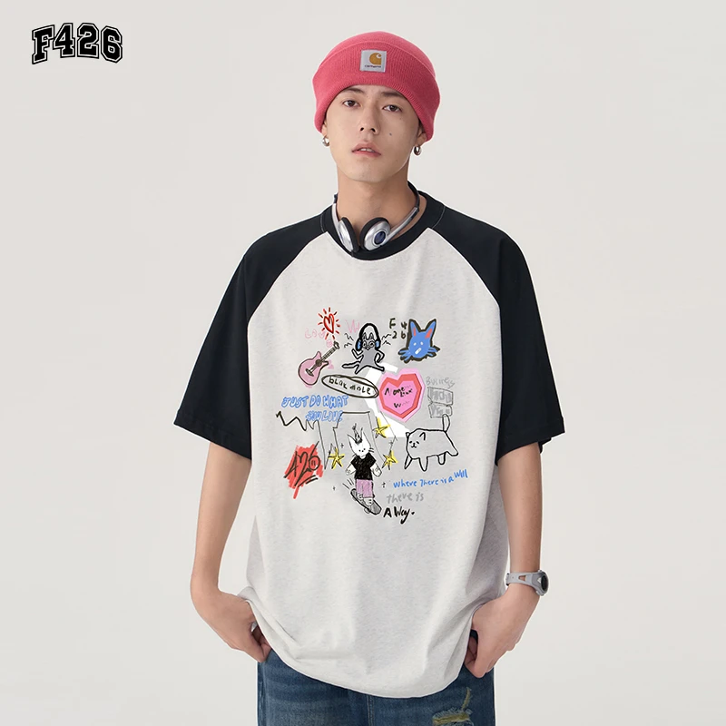 F426卡通猫咪涂鸦插肩袖T恤国潮牌百搭短袖上衣男女春夏穿搭5157