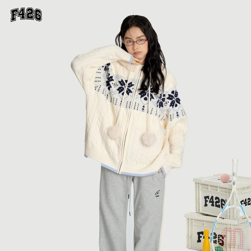 F426国潮牌连帽毛领费尔岛毛衣连帽开衫宽松针织百搭春秋外套5954